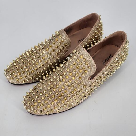 Justar Men's Gold Glitter Leather Spike Loafers Men’s Size 9 - Picture 2 of 12